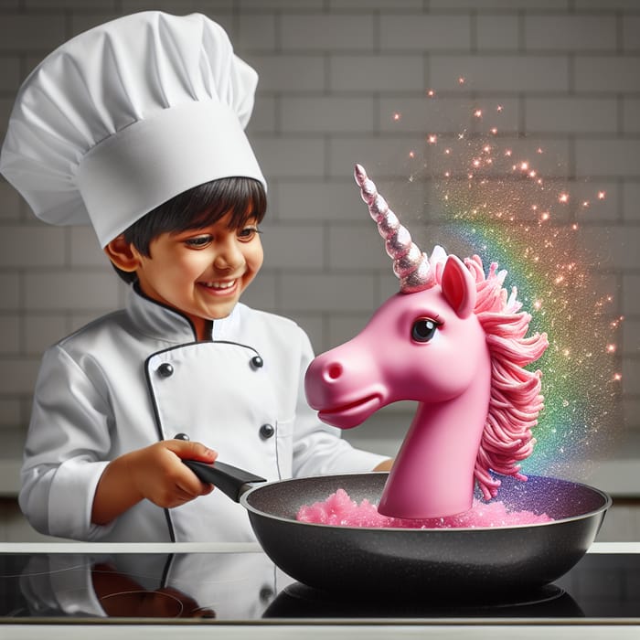 Cute Chef Cooks Pink Unicorn Head - Enchanting Kitchen Delight!