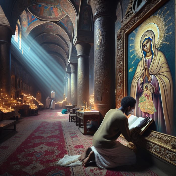 Ethiopian Man Praying with Holy Virgin Mary Image in Orthodox Church