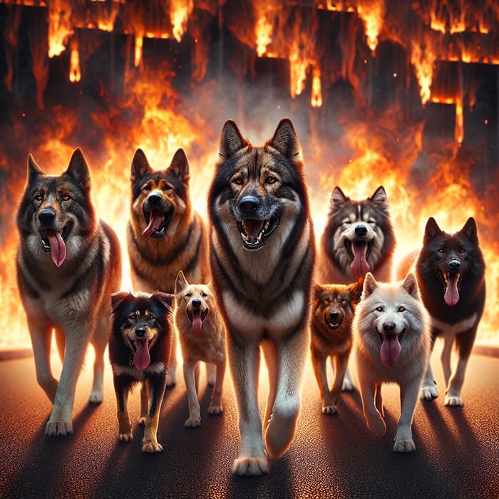 Pack of Wolf Dogs Walking on Hot Road with Fiery Background