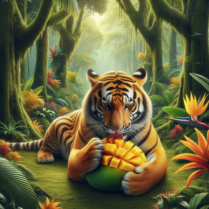 Vibrant Tiger Feasting on Mango in Lush Jungle