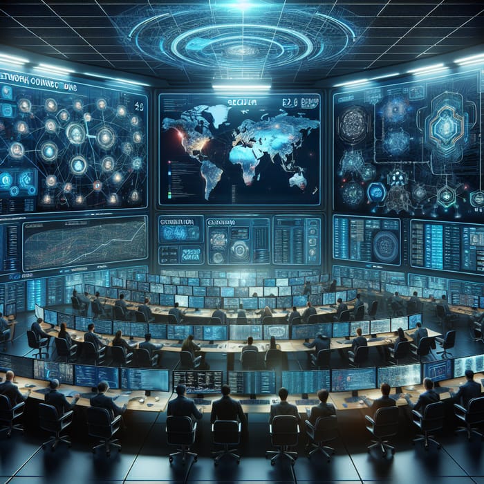 Futuristic Network Security Command Centre with Cybersecurity Experts