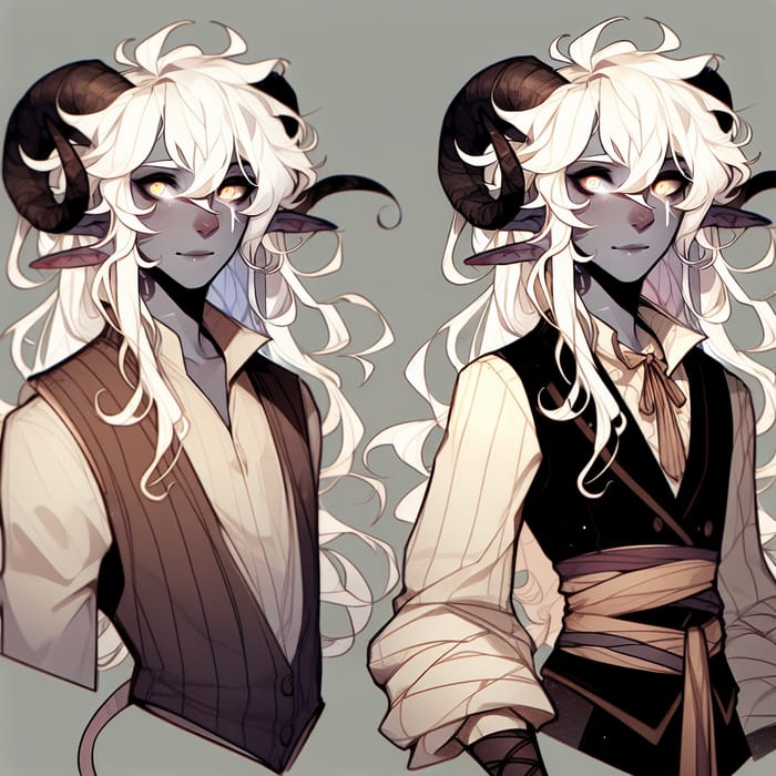 Young Tiefling with Fizzy Twirly Horns and Ethereal White Hair