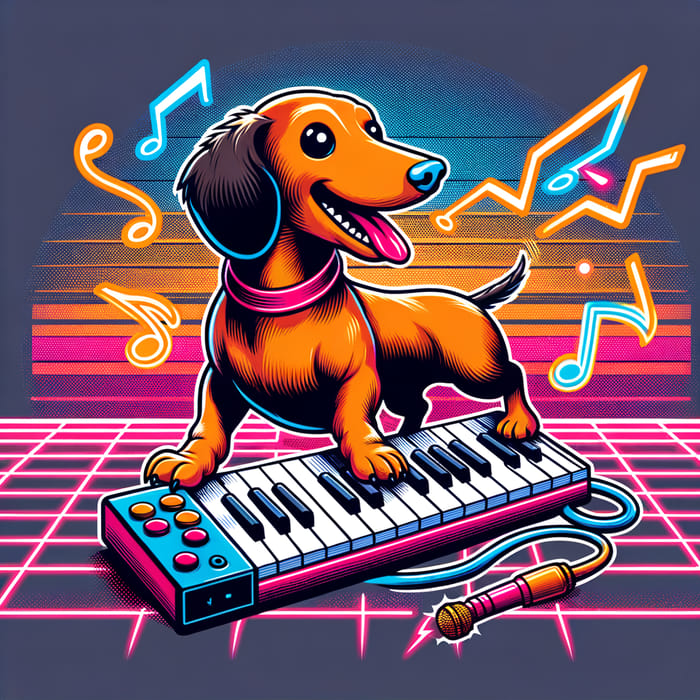 Neon 80s Cartoon Dachshund Playing Keyboard | Digital Art