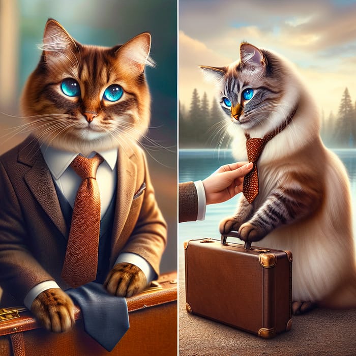 Stylish Brown Cat and Beautiful Blue-Eyed Companion Cats at Work