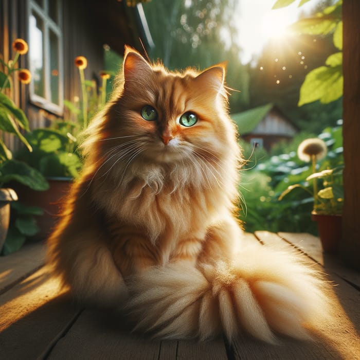 Orange Cat Enjoying a Sunny Afternoon on a Wooden Porch