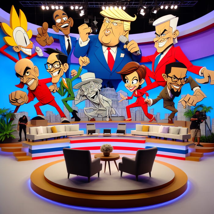 Vibrant Political Caricatures in Pop Art Talk Show Set