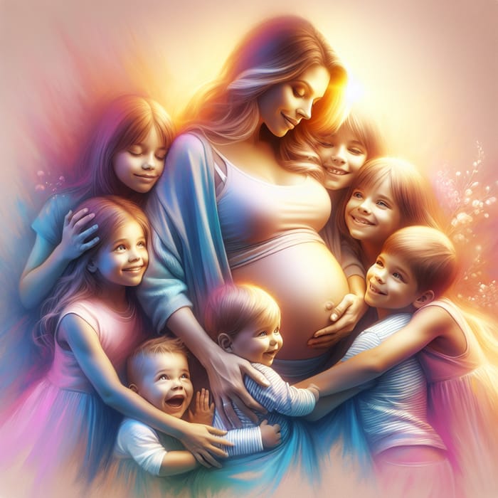 Heartwarming Family Portrait with Pregnant Woman and Kids in Pastel Colors