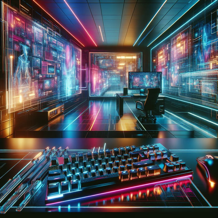 Intense Cyberpunk Office Vibes: Holographic Screens & Mechanical Keyboards