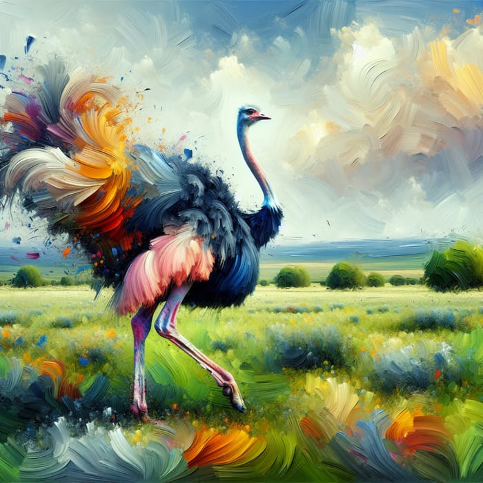 Majestic Ostrich Stride - Vibrant Field Painting