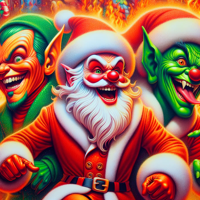 Vibrant Painting of Santa, Grinch & Rudolph: Festive Holiday Scene