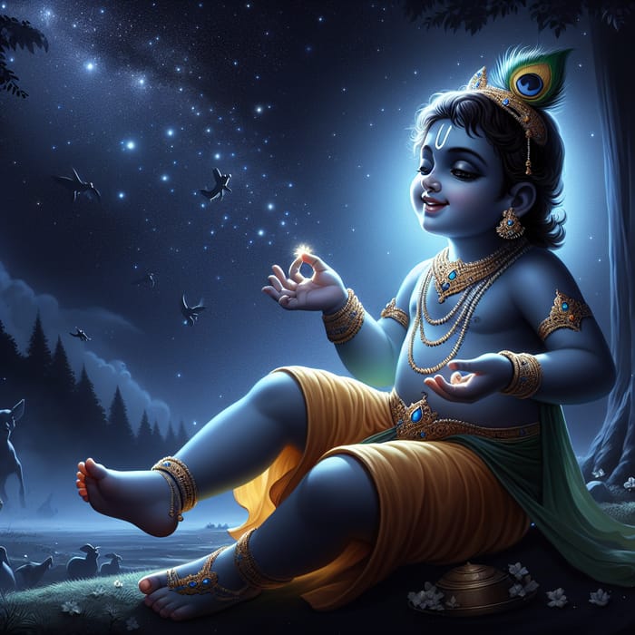 Divine Child Krishna Playing Under Starlit Night Sky