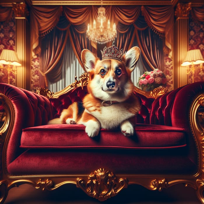 Opulent Corgi on Luxurious Velvet Couch | Aristocratic Pet Photography