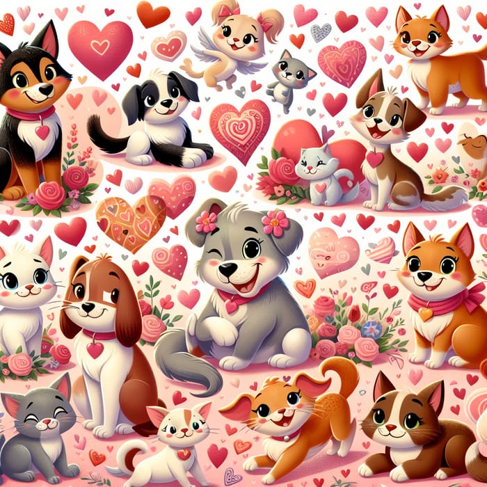 Valentine's Day Dogs & Cats Heart Cartoon 1960s Style