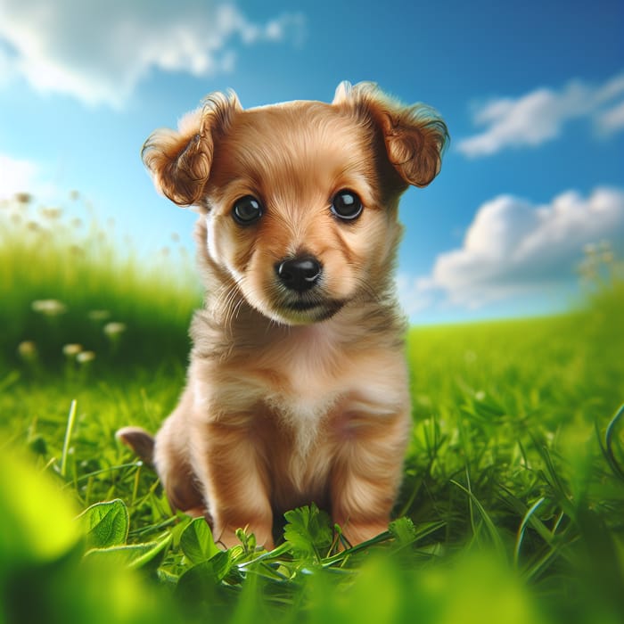 Cute Puppy Sitting on Grass Field | Adorable Dog Image