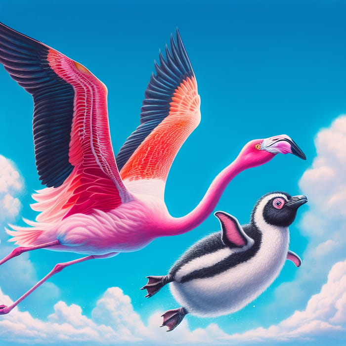 Pink Flamingo and Penguin in Playful Flight - Nature's Palette