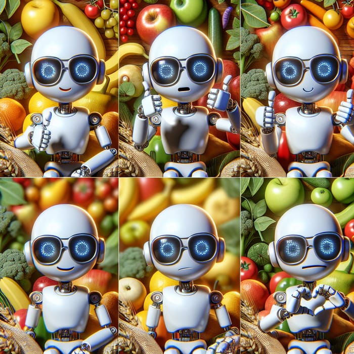 White Robot Eva Expresses Various Emotions in Fruit and Vegetable Background