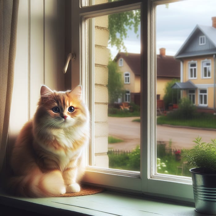 Beautiful House Cat Relaxing by the Window | Serene Neighborhood View