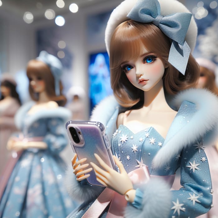Trendy Winter Fashion Doll in Blue Outfit with Smartphone