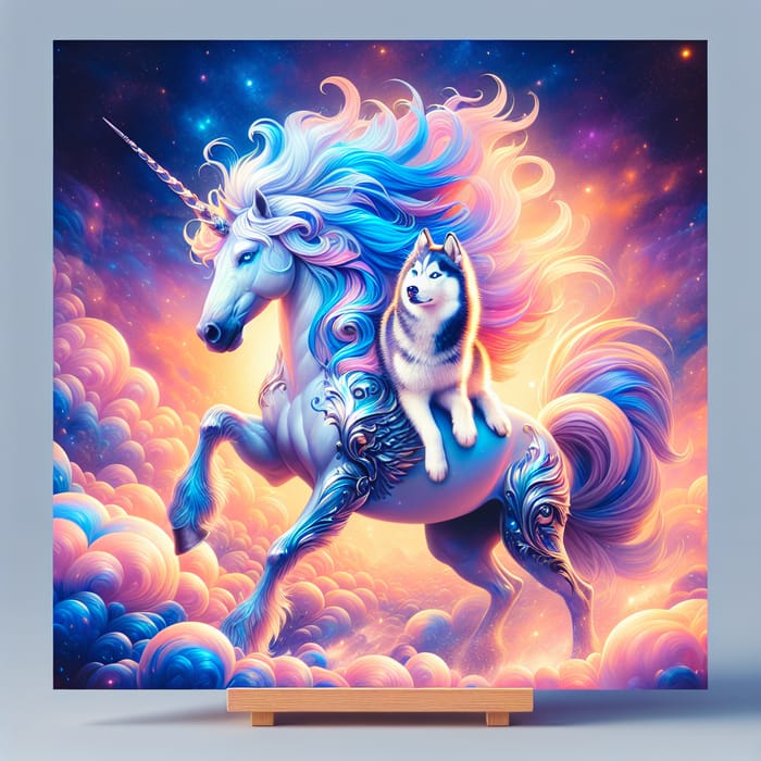 Blue and White Husky on Majestic Unicorn in Pastel Colors