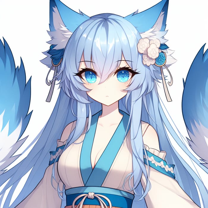 Anime Wolf Woman with Two Tails in Light Blue Hair