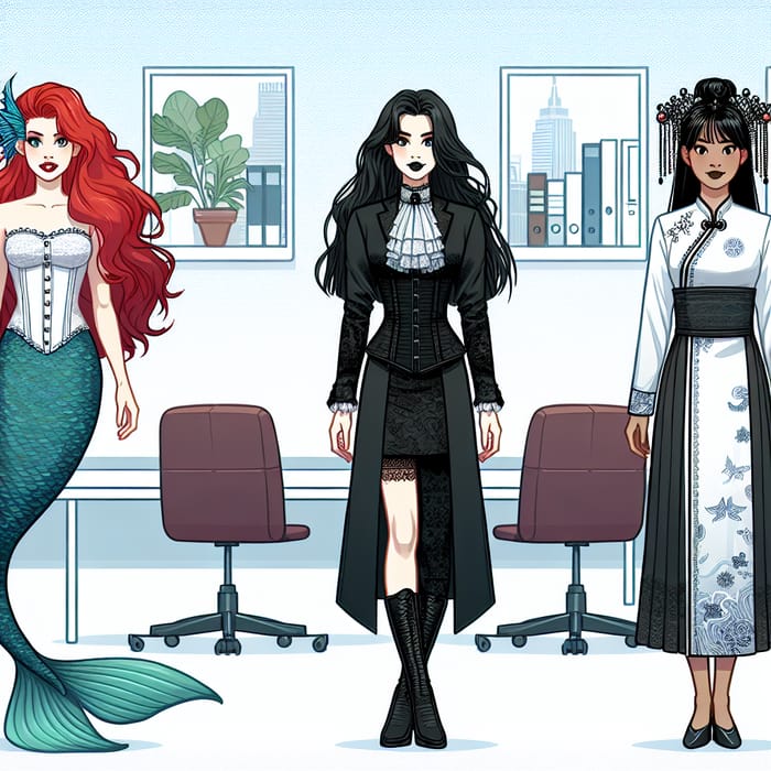 Ariel, Morticia, and Mulan Collaboration in Modern Office