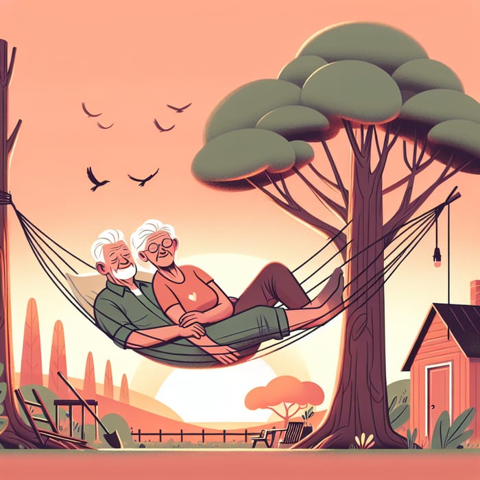 Old Couple Embracing in Hammock at Sunset