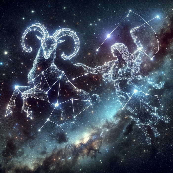Aries and Virgo Zodiac Constellations in Night Sky