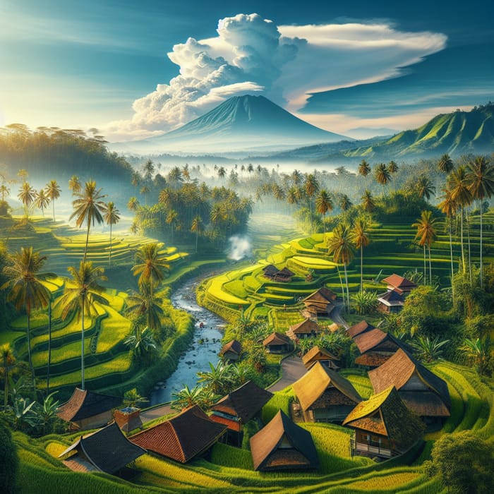 Stunning Indonesian Landscape: Rice Terraces, Palm Trees & Volcano View Stunning Indonesian Landscape: Rice Terraces, Palm Trees & Volcano View