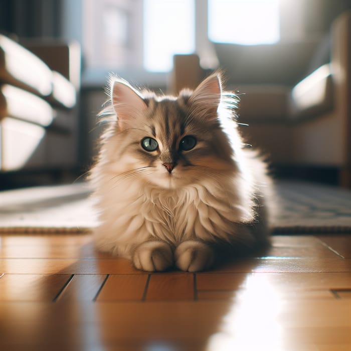Relaxed Fluffy Cat in Sunlit Living Room