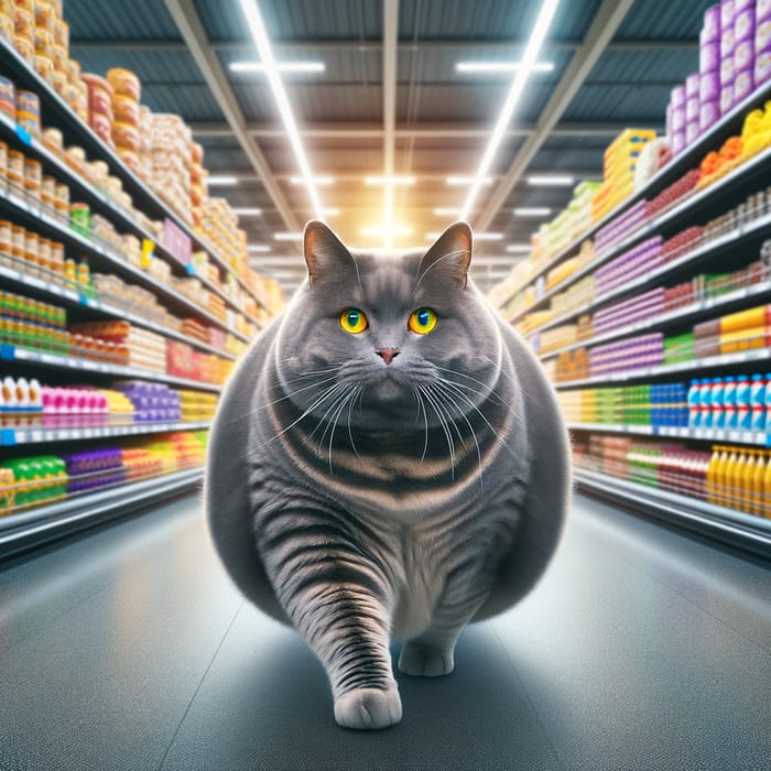 Obese Gray Cat Entering Vibrant Grocery Store | Fascinating Scene