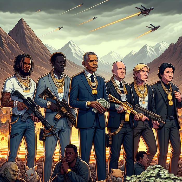 Futuristic Scene: 7 Figures with Weapons, Gold Chains, and Cash