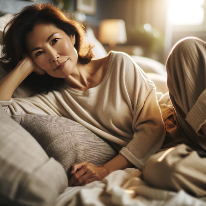 Candid Shot of Stylish Woman on Bed | Warm Natural Lighting, Bokeh Effect