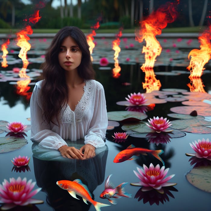 Hispanic Woman Seated by Blooming Water Lilies and Swimming Fish with Flickering Flames