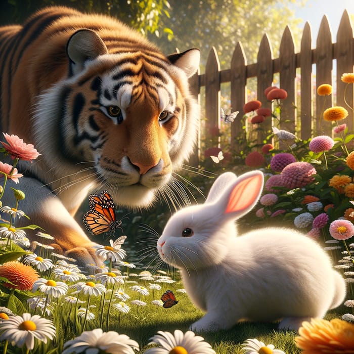 Bunny and Tiger Frolicking in Sunlit Garden