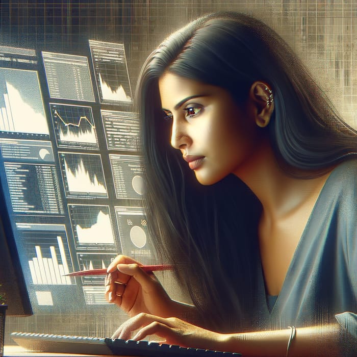 Diverse Female Digital Marketer Analyzing Metrics with Long Hair