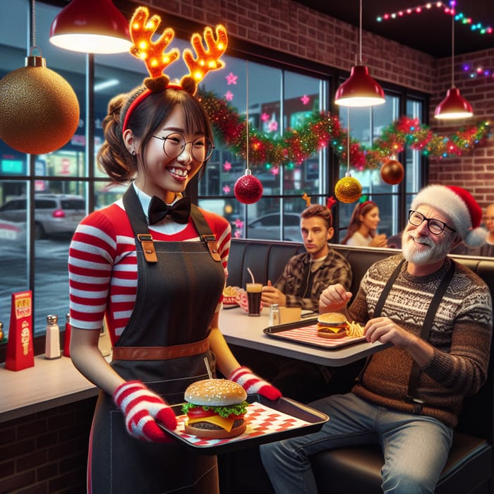 Festive Christmas Fast Food Scene: Reindeer Antler-Wearing Waitress Serving Hamburger