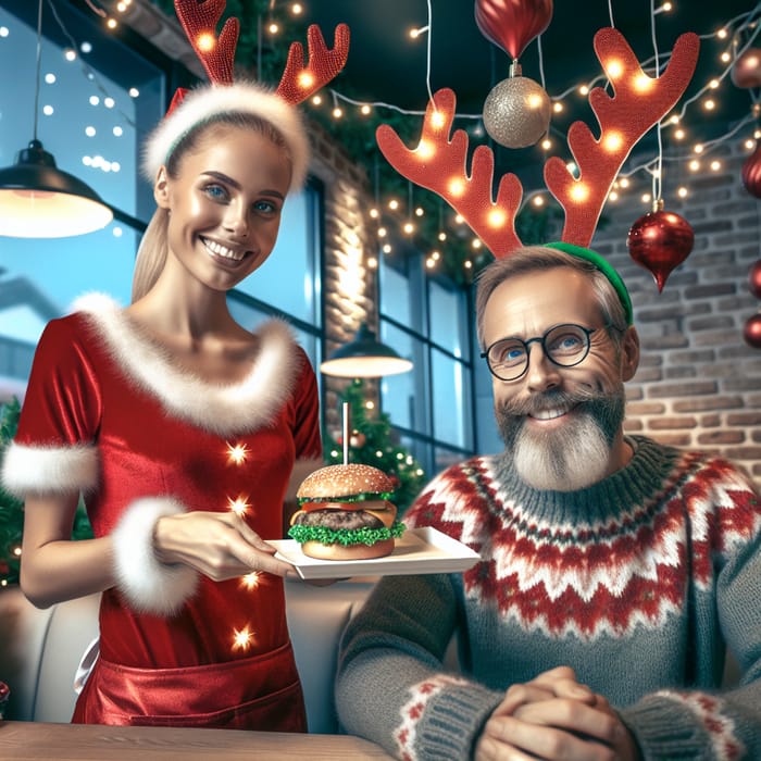 Christmas Fast Food Restaurant with Festive Decor and Antlered Waitress