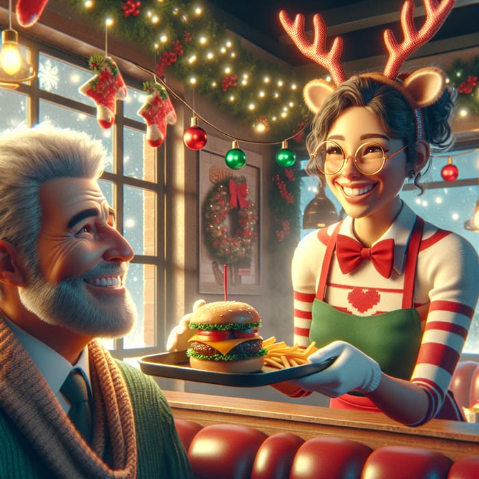 Heartwarming Christmas Fast Food Scene with Festive Service