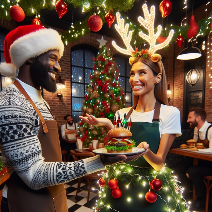 Festive Christmas Restaurant Decor with waitress serving festive hamburger