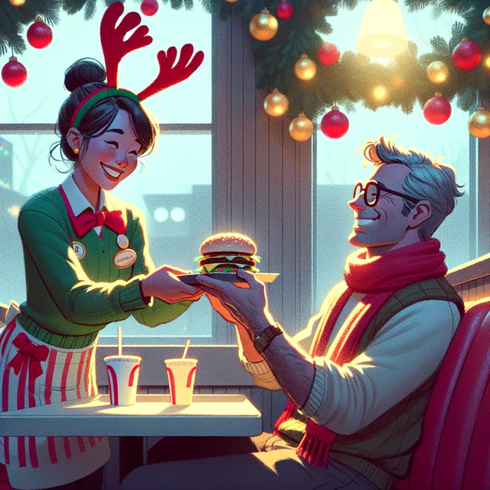 Heartwarming Holiday Scene: Festive Fast Food & Cheery Service