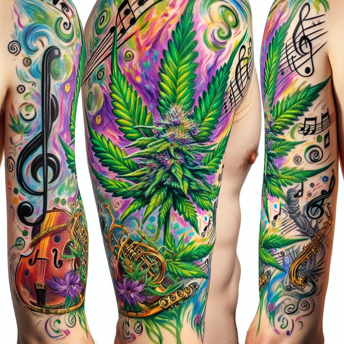 Dynamic Tattoo Design: Cannabis & Music in Van Gogh Style