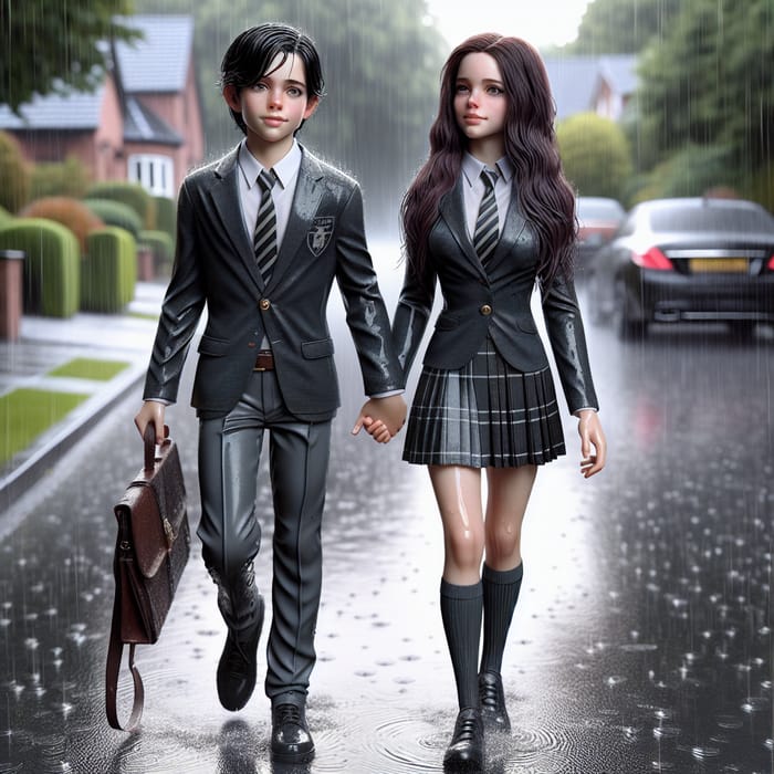 Tender Innocence: Boy & Girl in Rain Soaked Uniforms