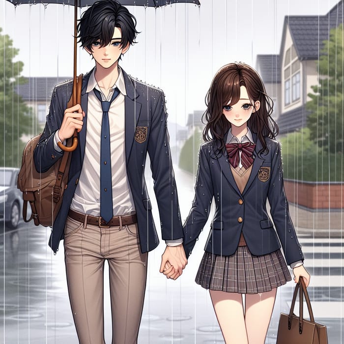 Handsome Raven-Haired Boy and Beautiful Brunette Girl Walking in Rain