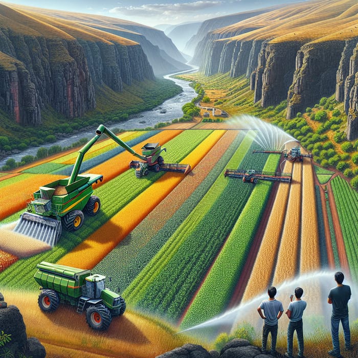 Picturesque Field with Corn, Barley, Peas, Beans, and Machinery | Akhuryan River Gorge Harvest Scene