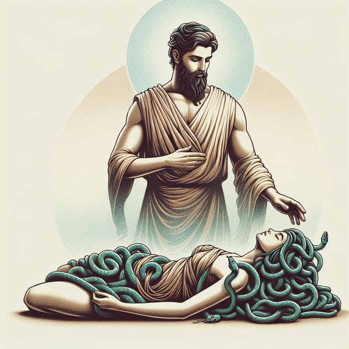 Medusa Surrendering to Jesus - Symbolic Mythological Scene