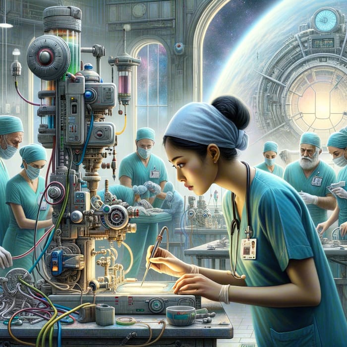 South Asian Medical Engineer Surrounded by Diverse Male Nurses - Ethereal Digital Painting