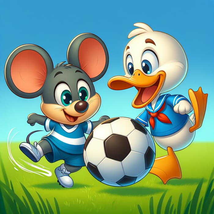 Cute Mickey Mouse and Duck Having Fun Playing Football