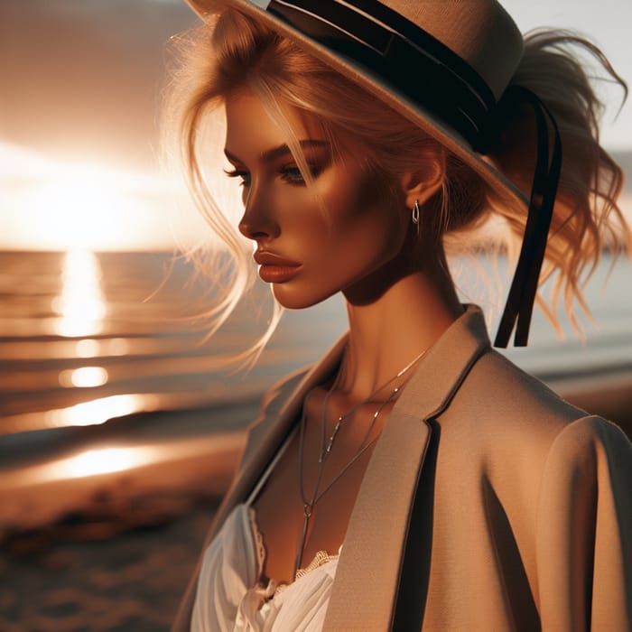 Provocative Blonde Woman on Beach at Sunset