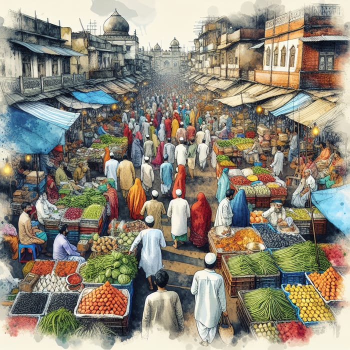 Vibrant Indian Street Market Watercolor Art