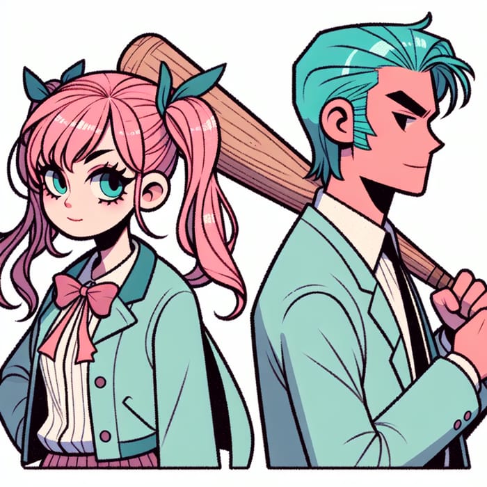 Vintage Style Pink Hair Girl & Turquoise Hair Man Illustrations
